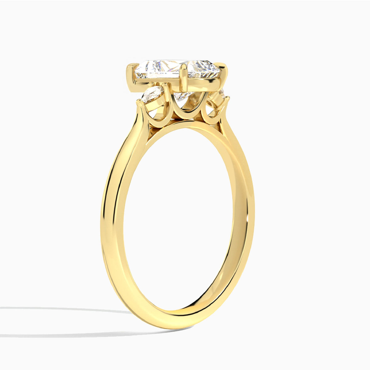 Radiant Perfect Fit Three Stone Lab Diamond Engagement Ring In 14K Yellow Gold, Angle View