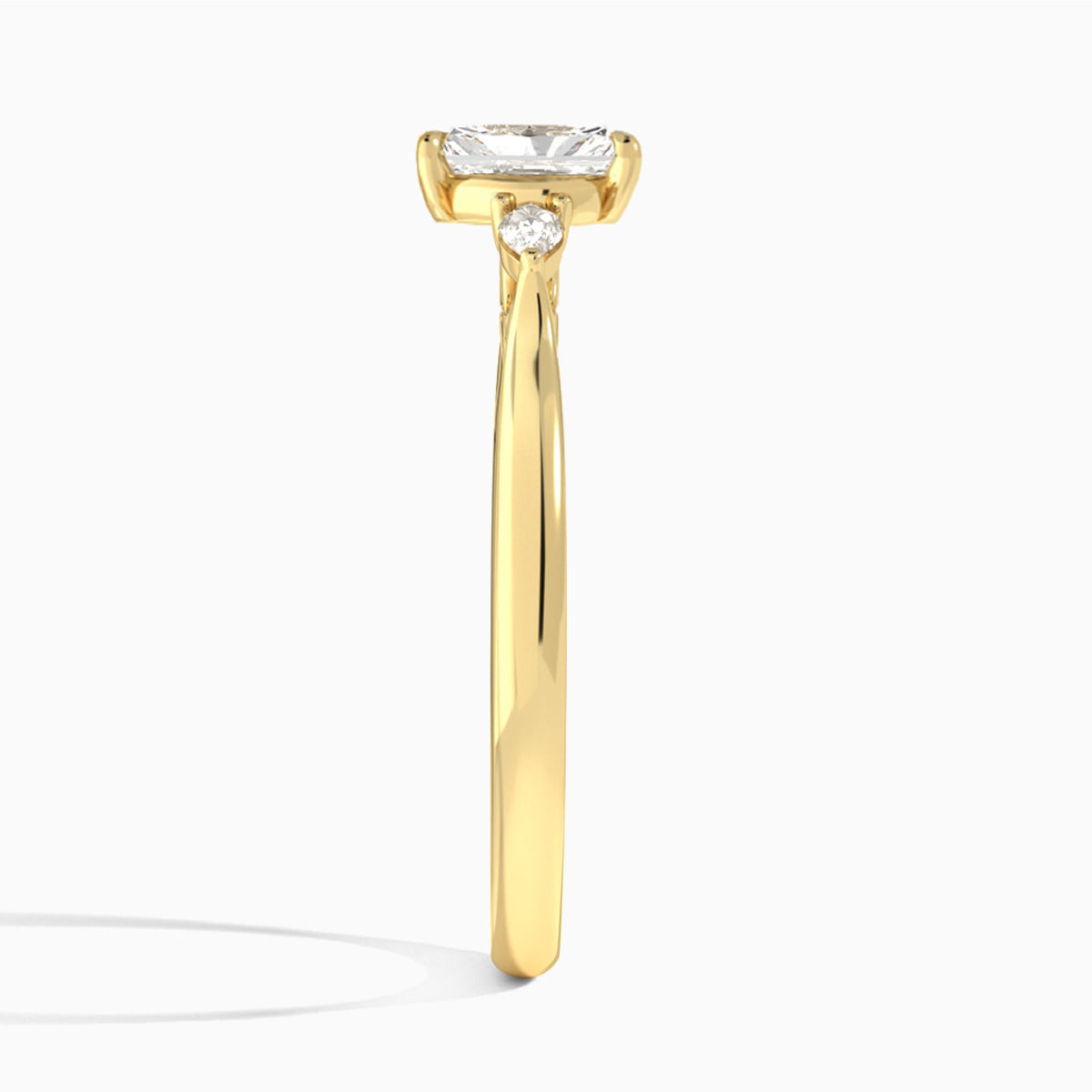 Radiant Perfect Fit Three Stone Lab Diamond Engagement Ring In 14K Yellow Gold, Side View
