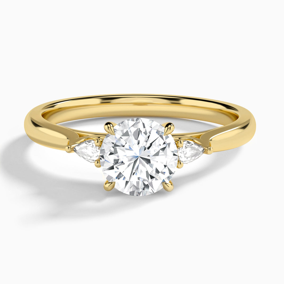 Round Perfect Fit Three Stone Lab Diamond Engagement Ring In 14K Yellow Gold - Lucenjuri