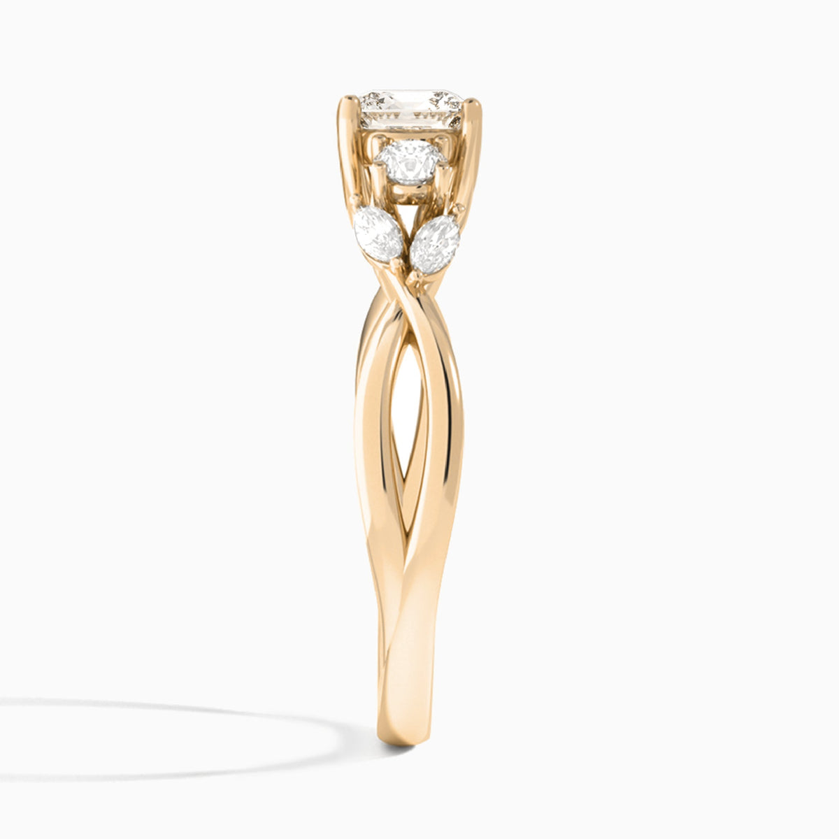 Cushion Willow Three Stone Lab Diamond Engagement Ring In 14K Rose Gold, Side View