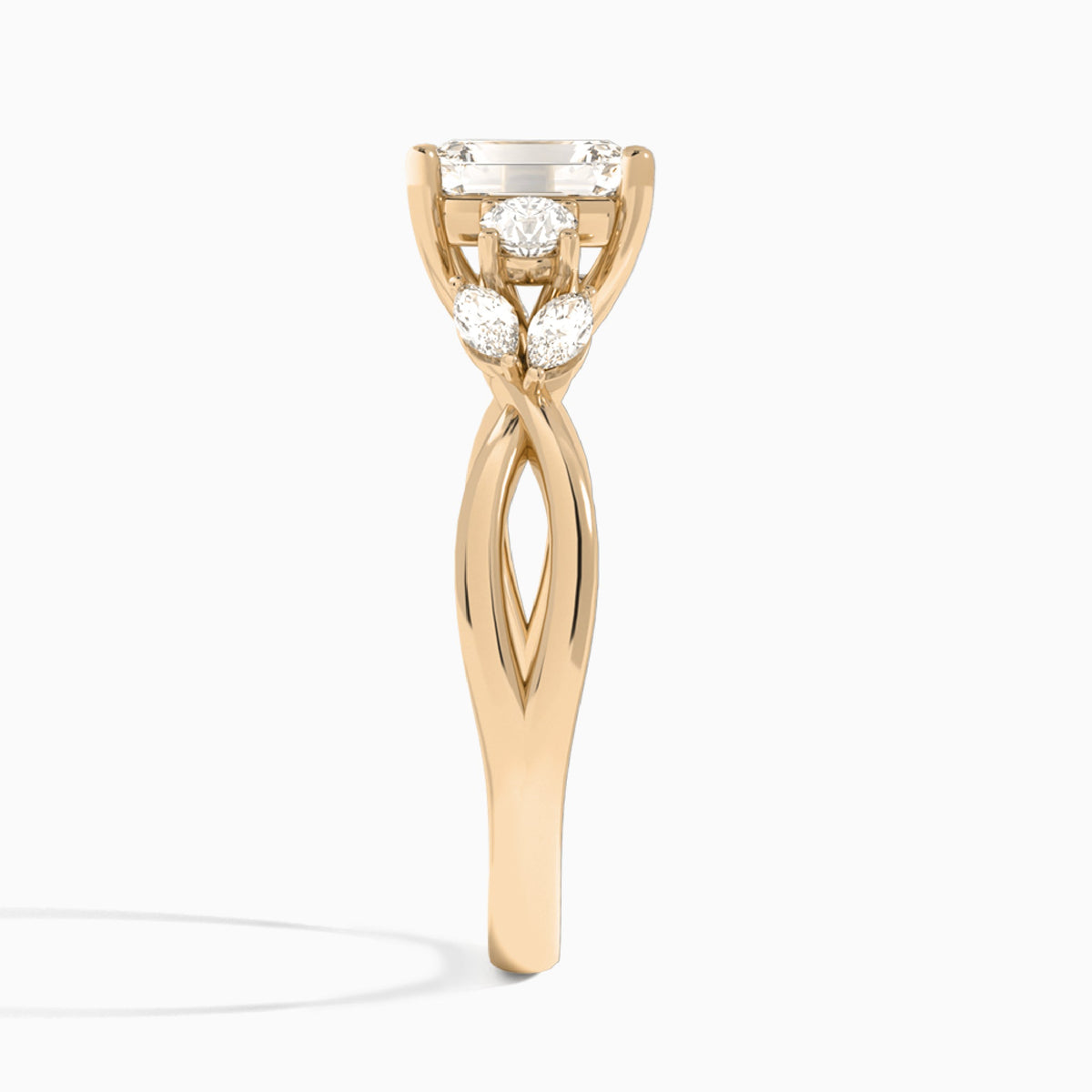 Emerald Willow Three Stone Lab Diamond Engagement Ring In 14K Rose Gold, Side View