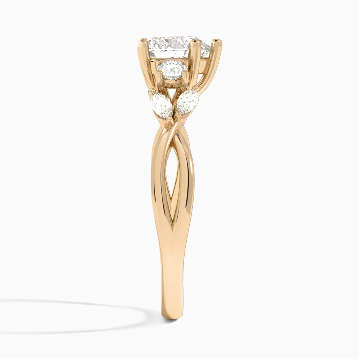 Heart Willow Three Stone Lab Diamond Engagement Ring In 14K Rose Gold, Side View