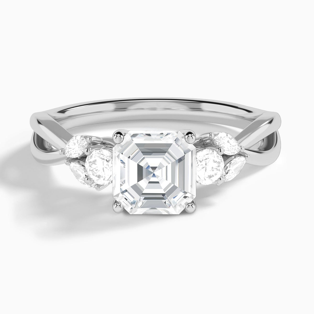Asscher Willow Three Stone Lab Diamond Engagement Ring In 18K White Gold - Lucenjuri