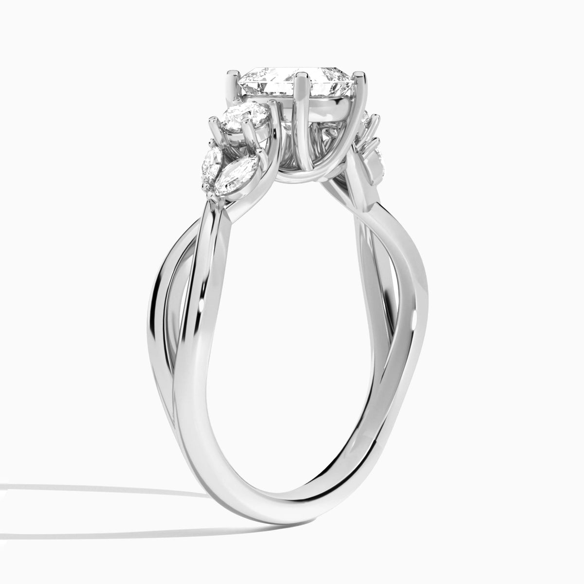 Asscher Willow Three Stone Lab Diamond Engagement Ring In 14K White Gold, Angle View