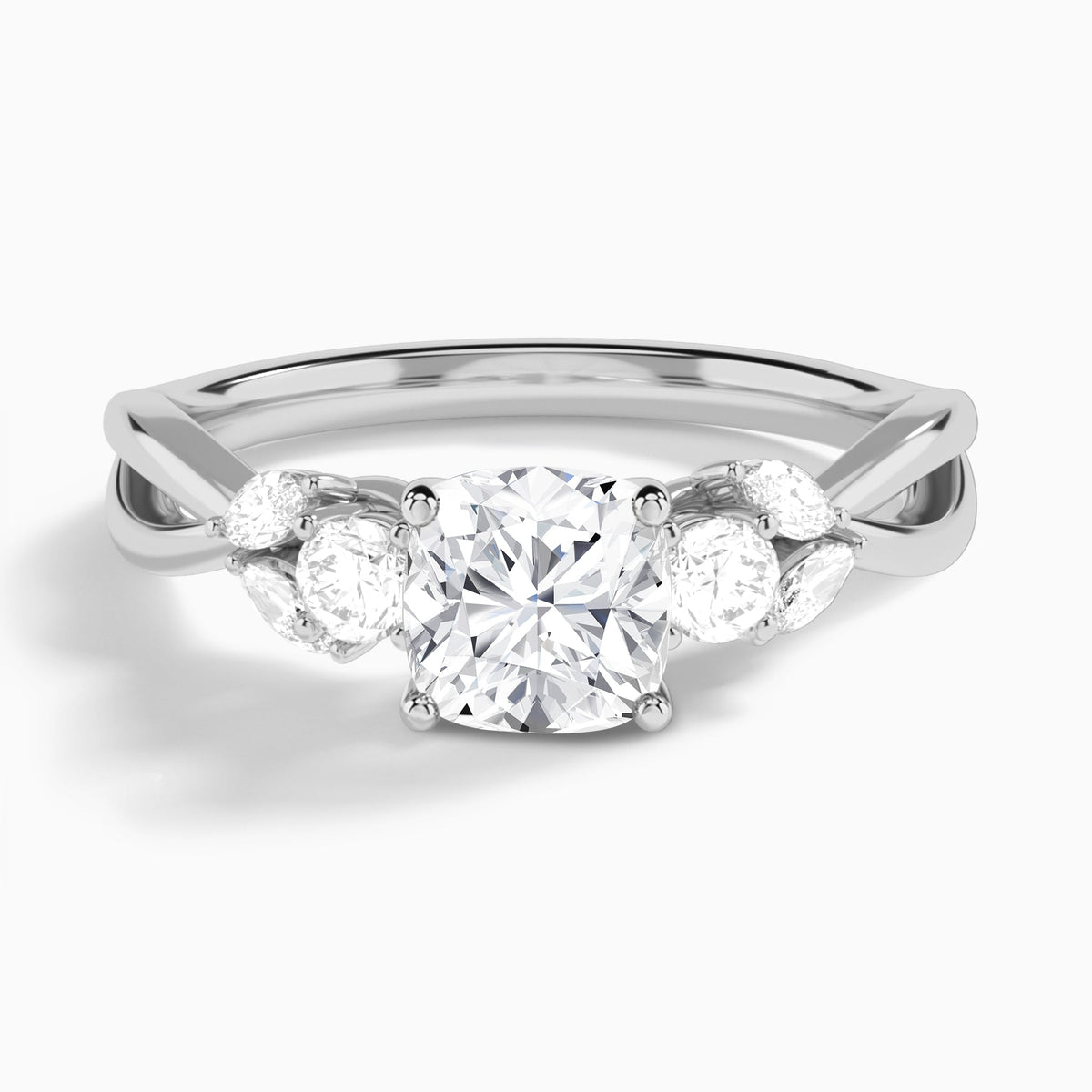 Cushion Willow Three Stone Lab Diamond Engagement Ring In 14K White Gold - Lucenjuri