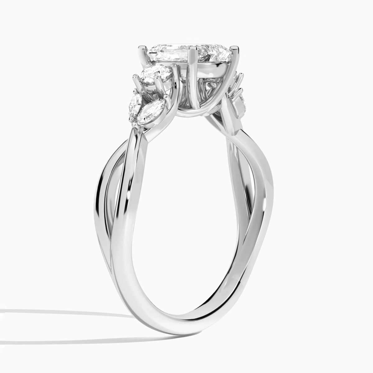 Emerald Willow Three Stone Lab Diamond Engagement Ring In 18K White Gold, Angle View
