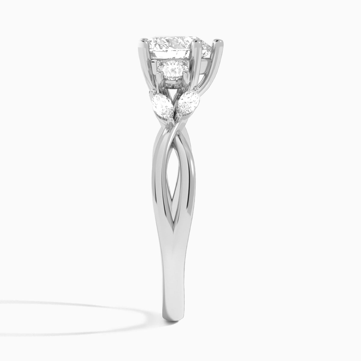 Heart Willow Three Stone Lab Diamond Engagement Ring In 14K White Gold, Side View