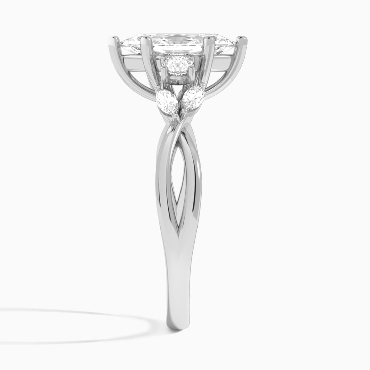 Marquise Willow Three Stone Lab Diamond Engagement Ring In 18K White Gold, Side View