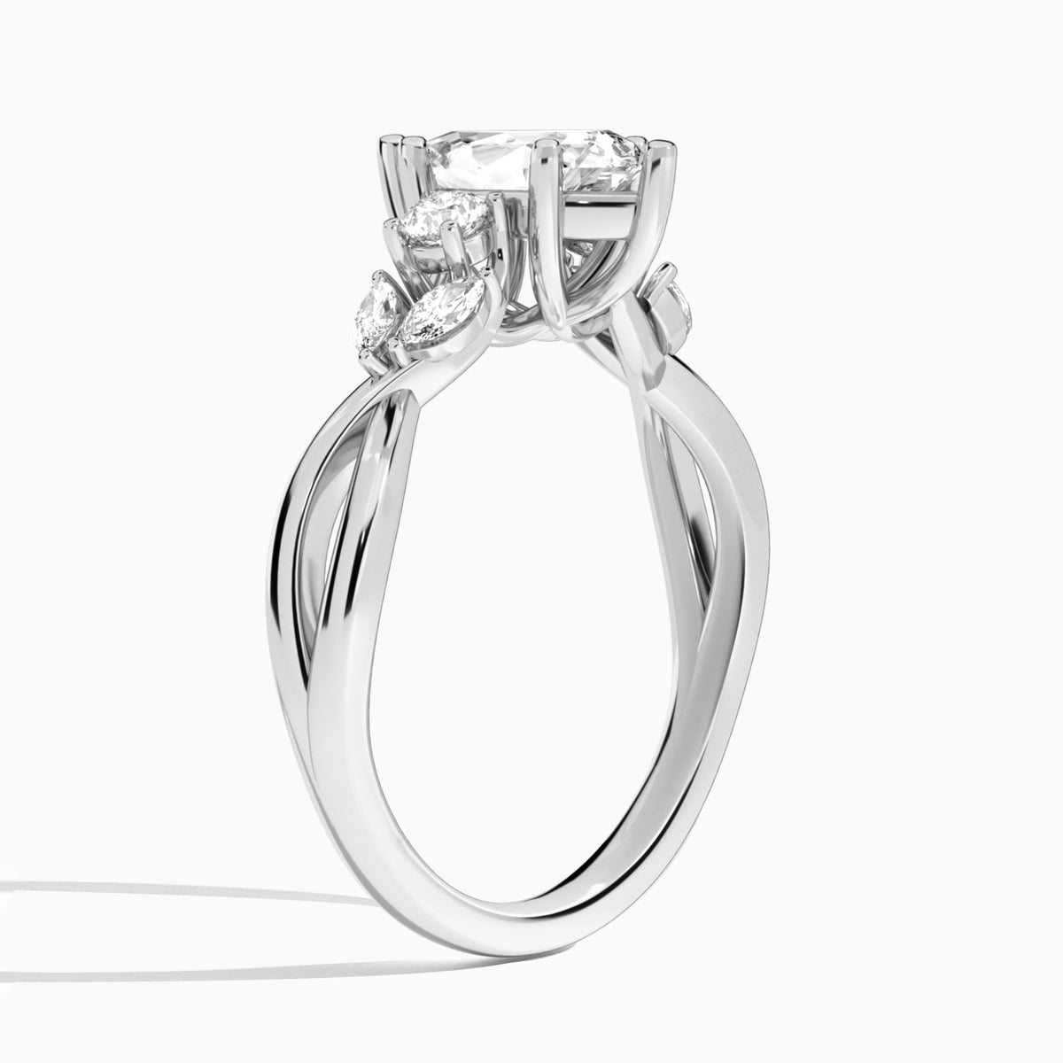 Pear Willow Three Stone Lab Diamond Engagement Ring In 18K White Gold, Angle View