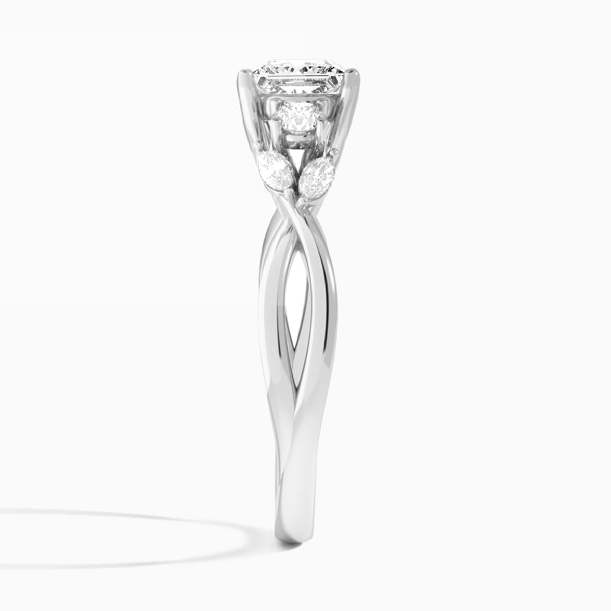 Princess Willow Three Stone Lab Diamond Engagement Ring In 18K White Gold, Side View