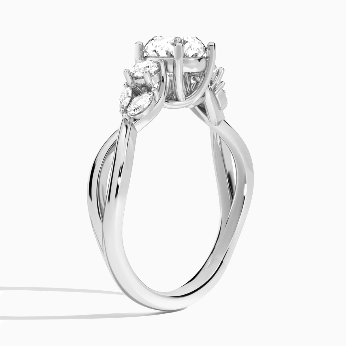 Round Willow Three Stone Lab Diamond Engagement Ring In 18K White Gold, Angle View