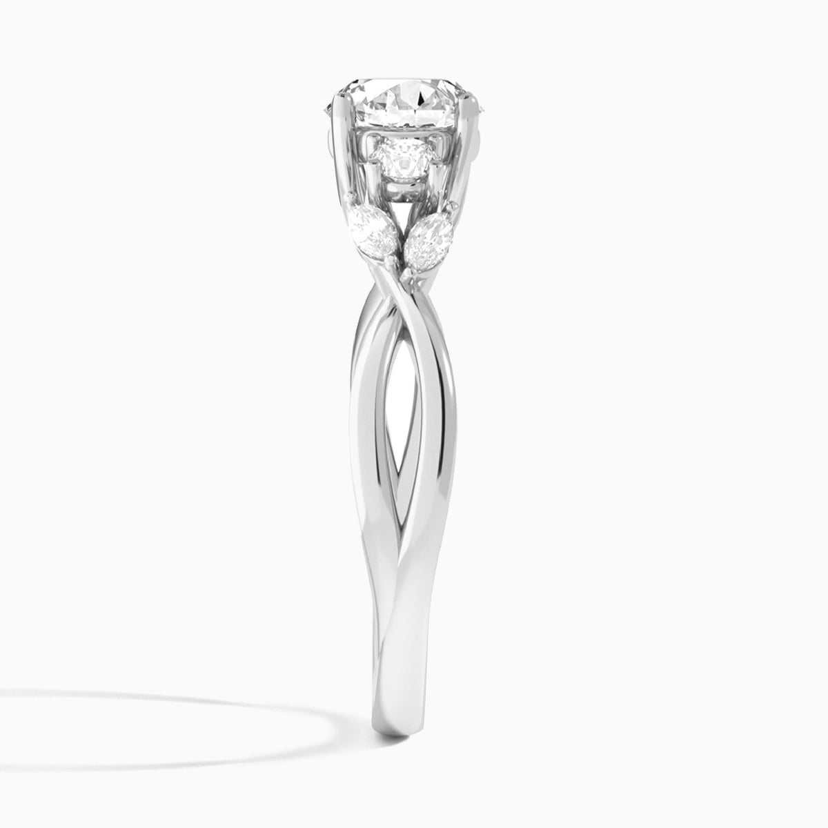 Round Willow Three Stone Lab Diamond Engagement Ring In 18K White Gold, Side View