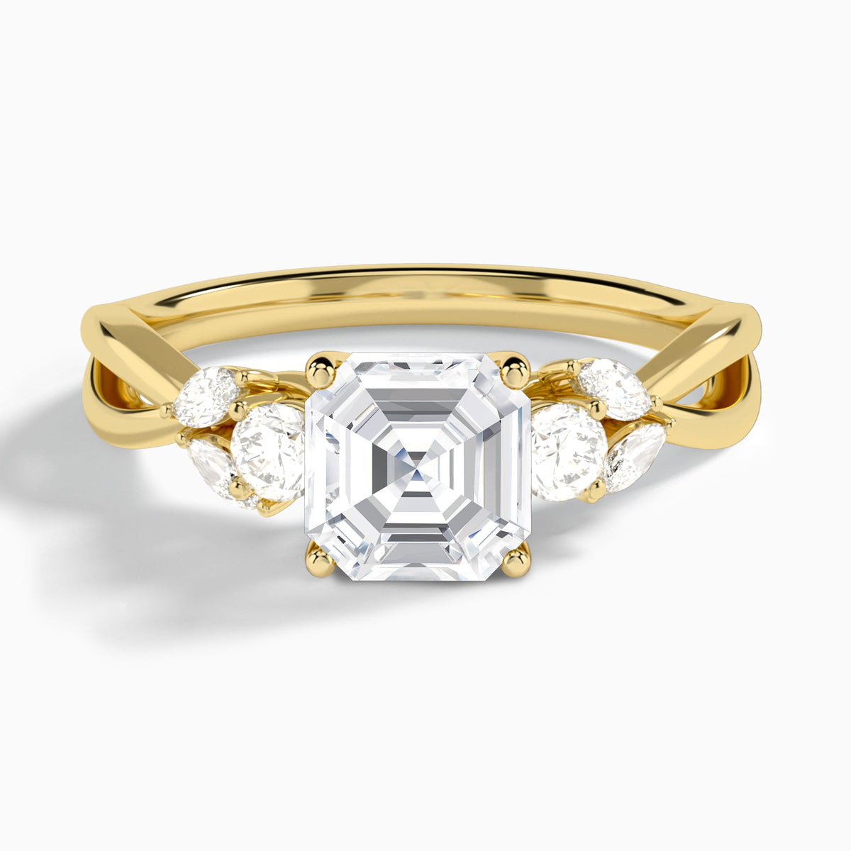 Asscher Willow Three Stone Lab Diamond Engagement Ring In 14K Yellow Gold - Lucenjuri