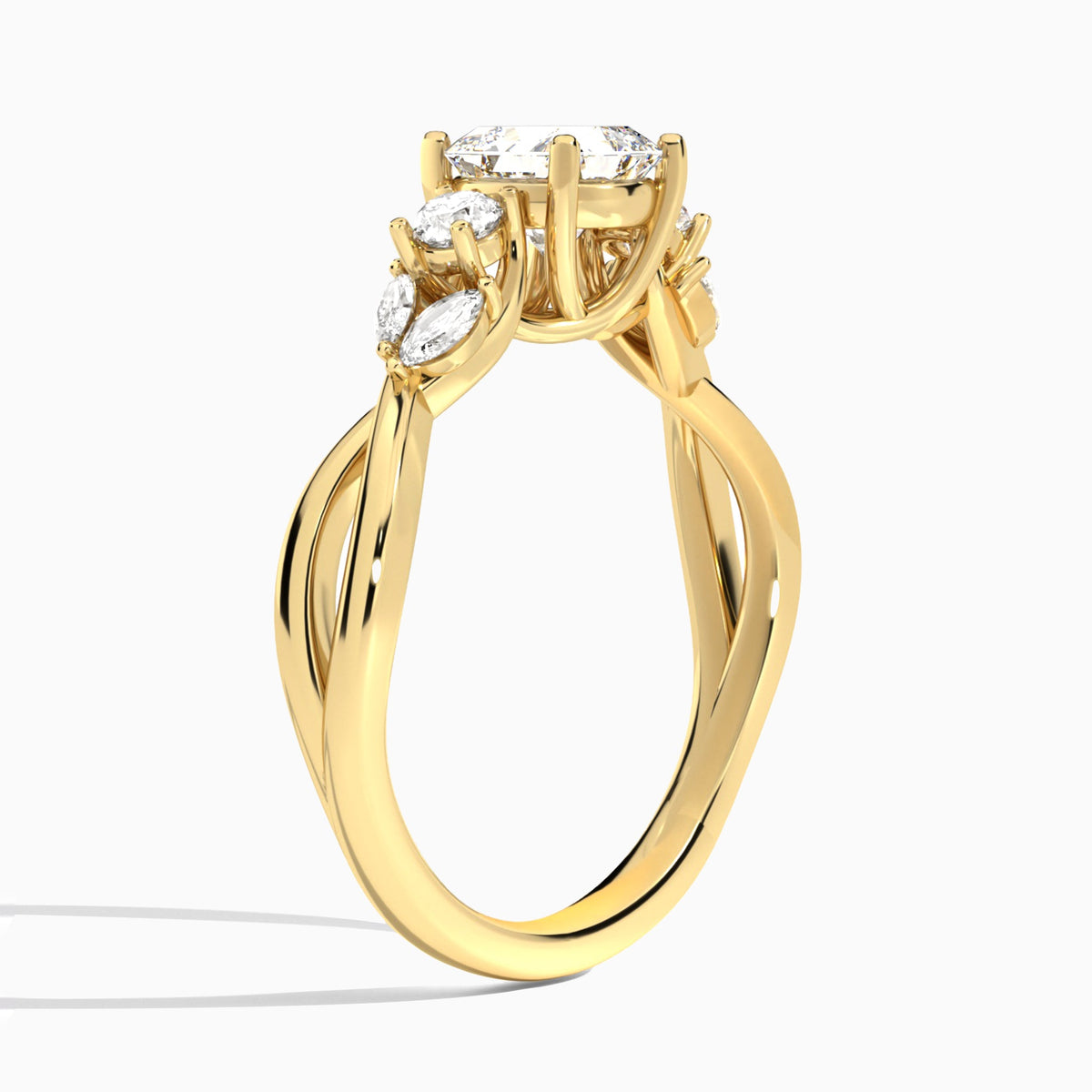 Asscher Willow Three Stone Lab Diamond Engagement Ring In 18K Yellow Gold, Angle View