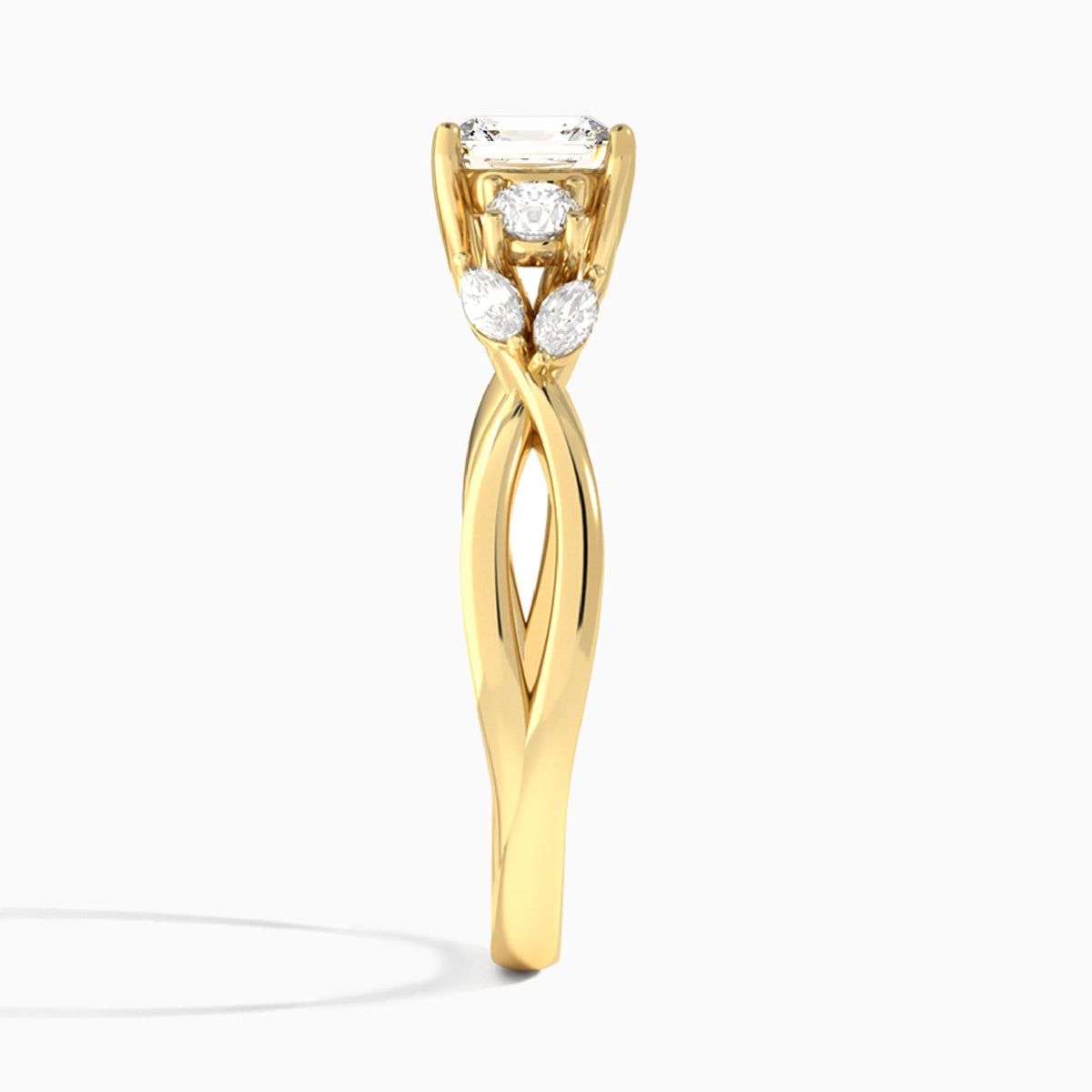 Asscher Willow Three Stone Lab Diamond Engagement Ring In 14K Yellow Gold, Side View