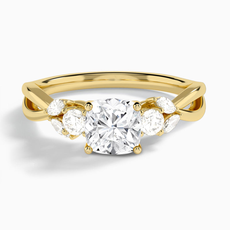 Cushion Willow Three Stone Lab Diamond Engagement Ring In 18K Yellow Gold - Lucenjuri