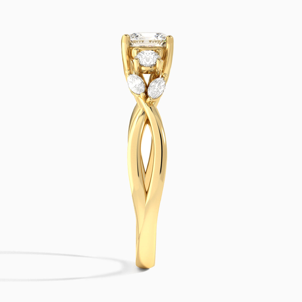 Cushion Willow Three Stone Lab Diamond Engagement Ring In 18K Yellow Gold, Side View