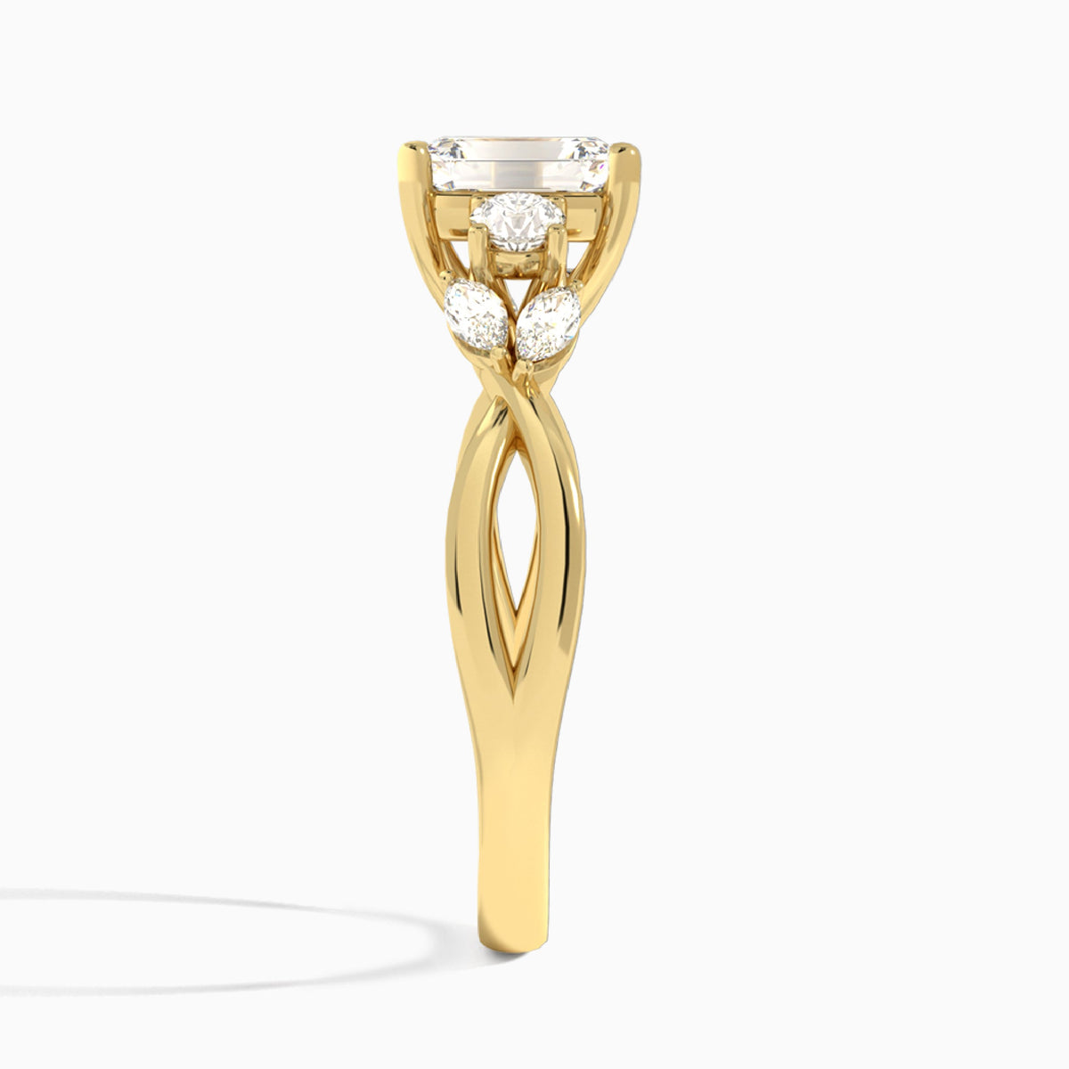 Emerald Willow Three Stone Lab Diamond Engagement Ring In 14K Yellow Gold, Side View