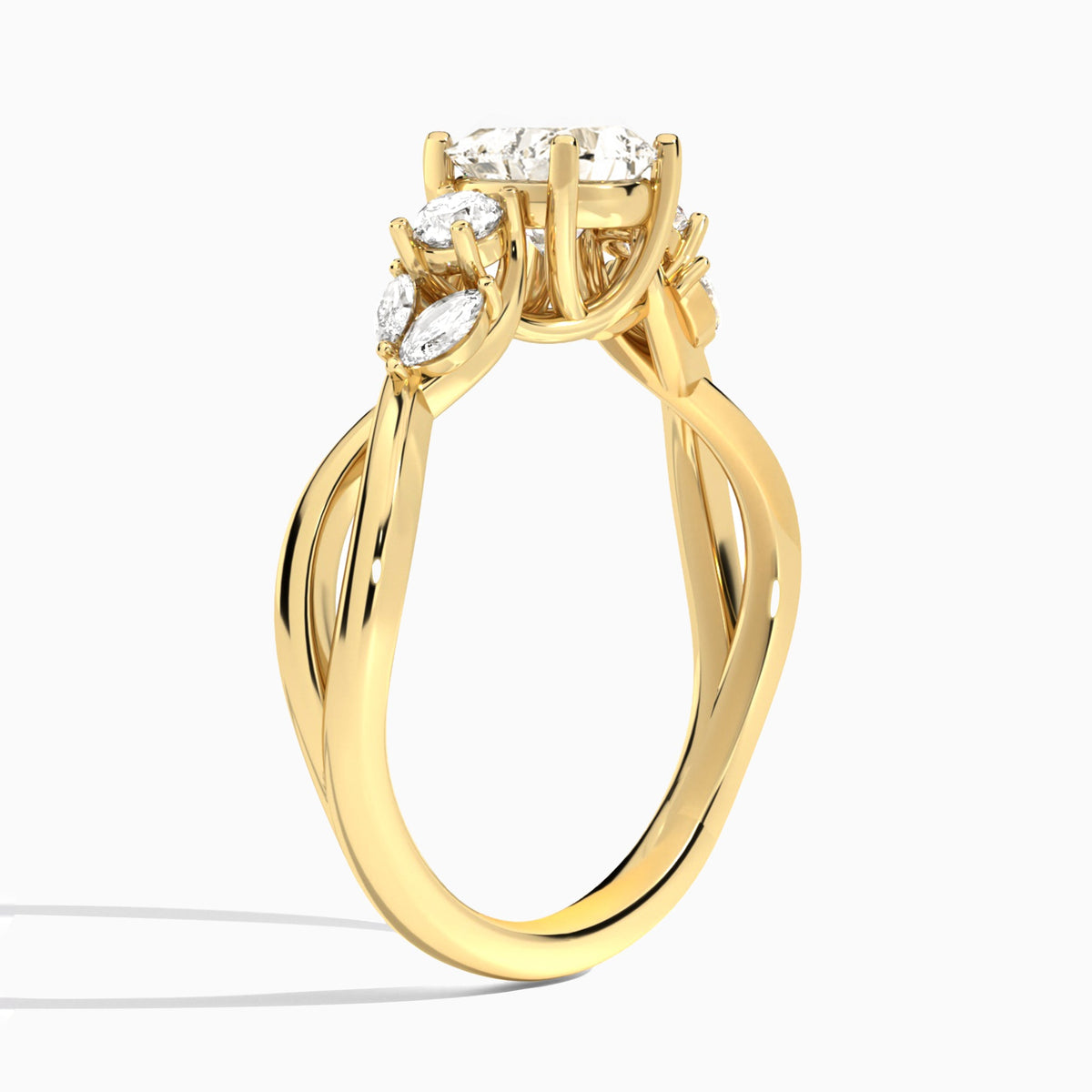 Heart Willow Three Stone Lab Diamond Engagement Ring In 14K Yellow Gold, Angle View