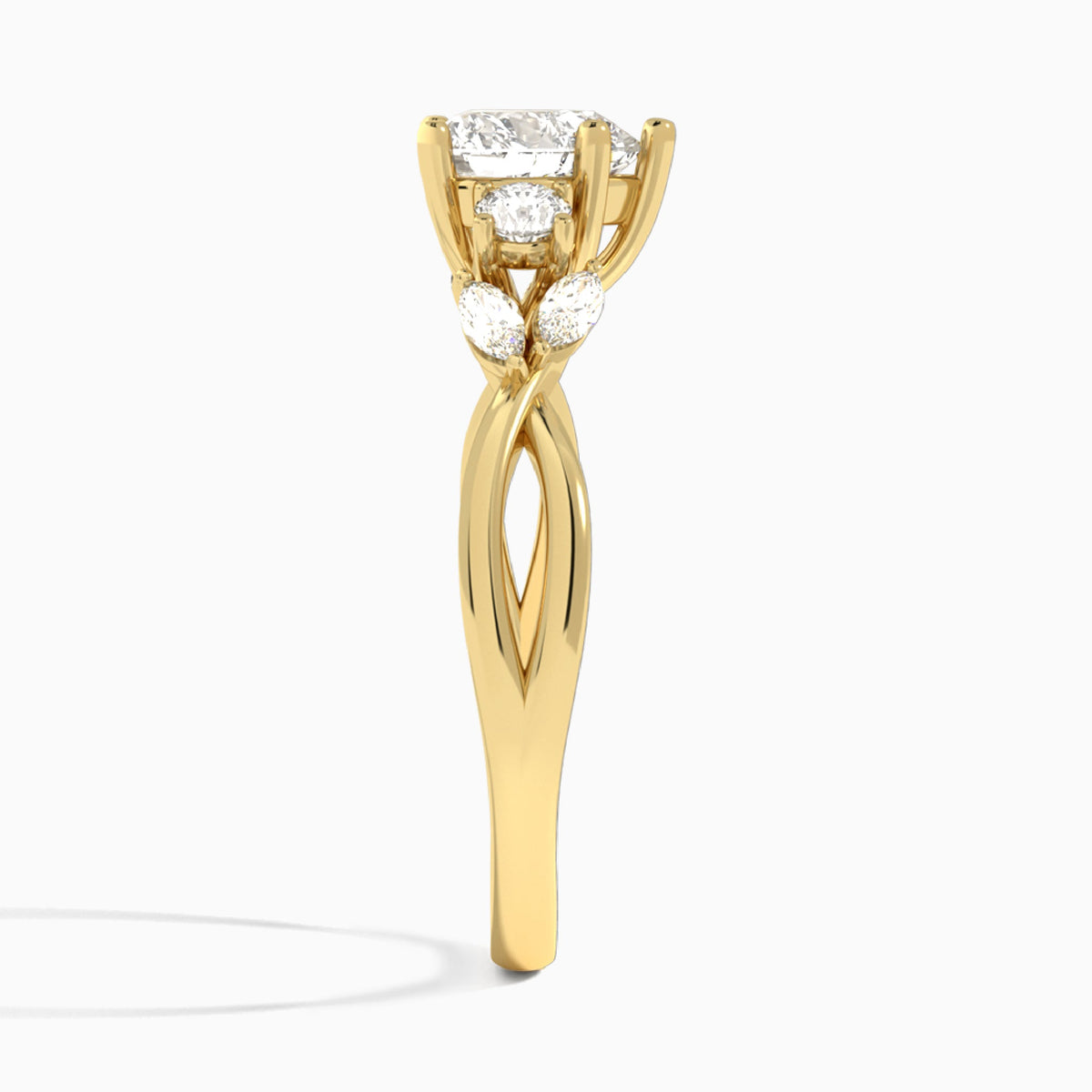 Heart Willow Three Stone Lab Diamond Engagement Ring In 14K Yellow Gold, Side View