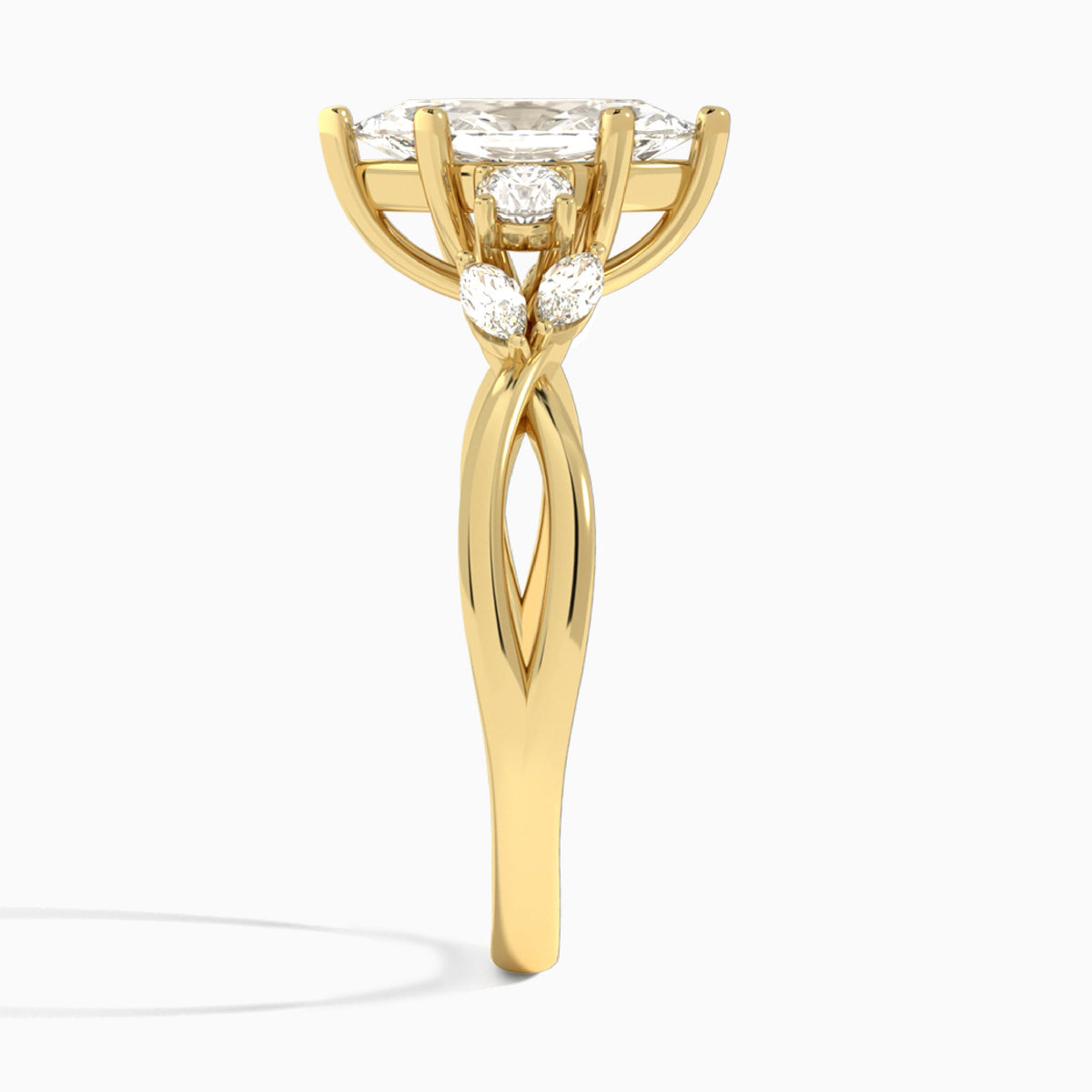 Marquise Willow Three Stone Lab Diamond Engagement Ring In 18K Yellow Gold, Side View