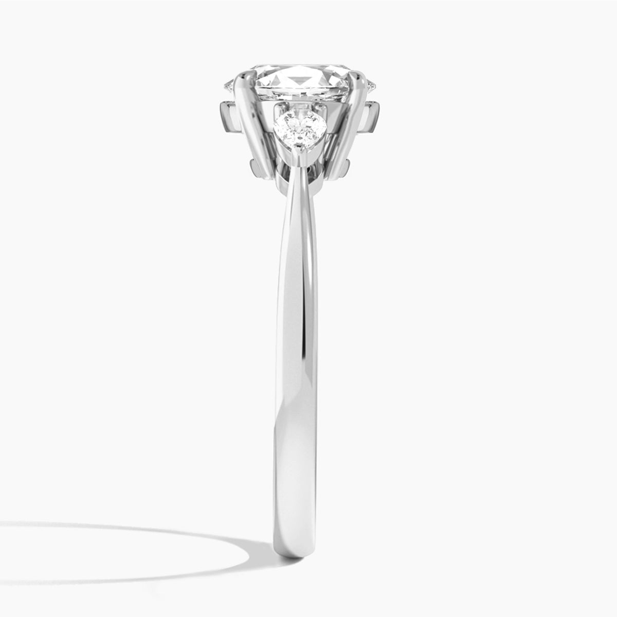 Oval Petite Couture Three Stone Lab Diamond Engagement Ring In Platinum, Side View