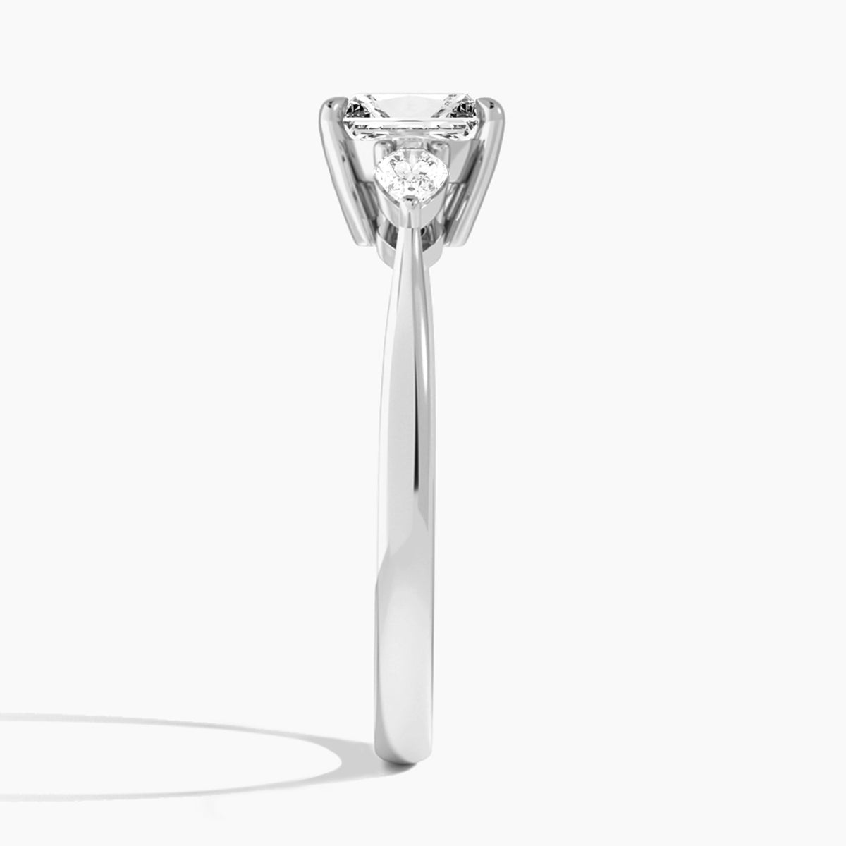 Radiant Petite Couture Three Stone Lab Diamond Engagement Ring In Platinum, Side View
