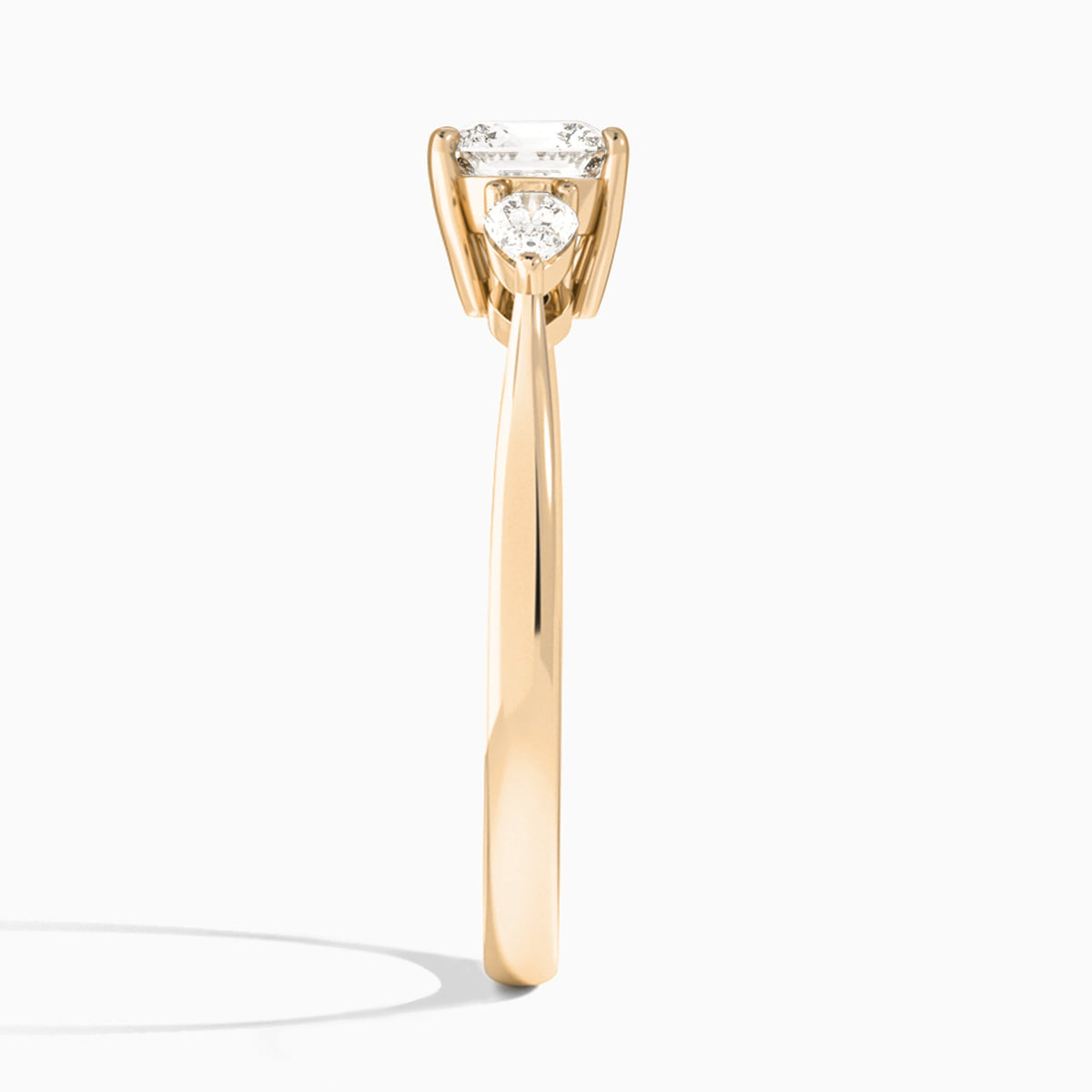 Cushion Petite Three Stone Lab Diamond Engagement Ring In 14K Rose Gold, Side View
