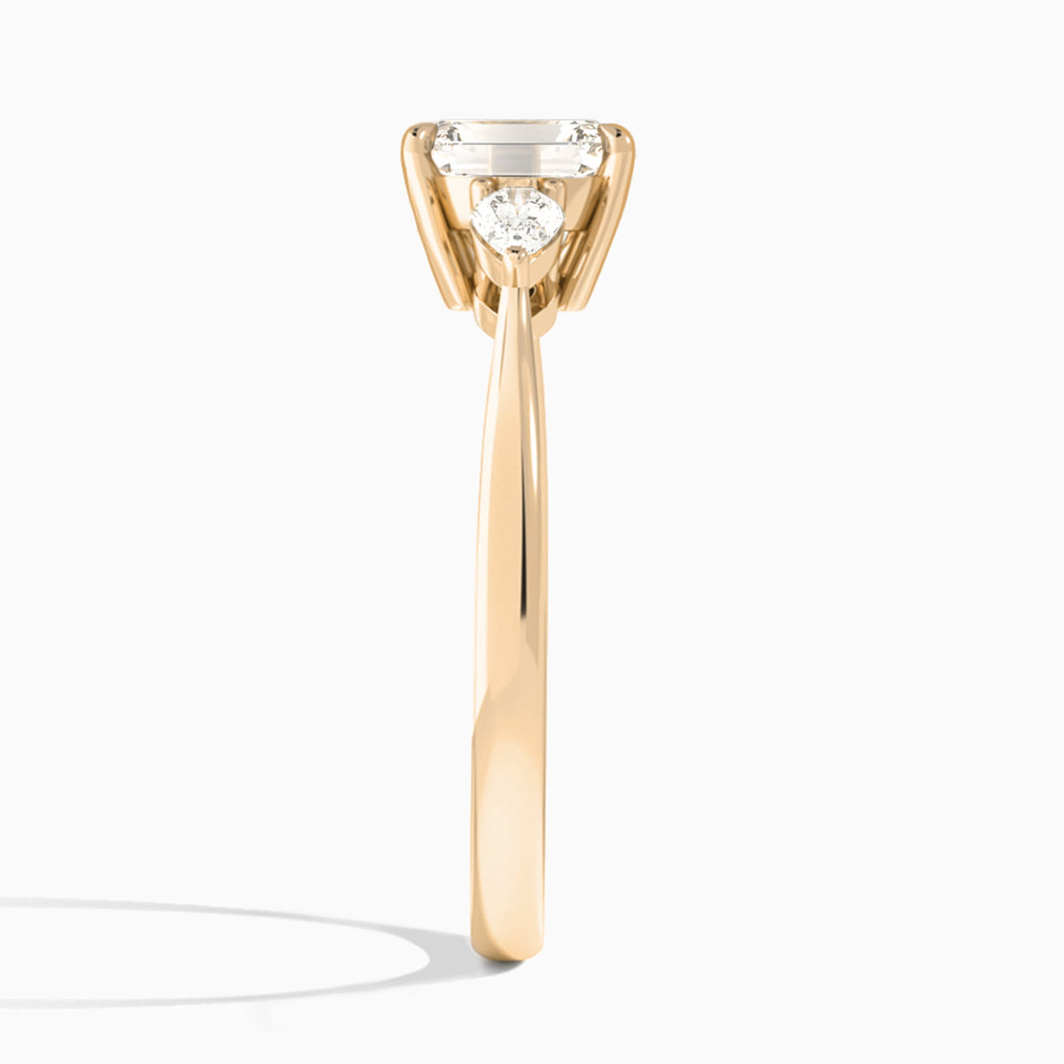 Emerald Petite Three Stone Lab Diamond Engagement Ring In 14K Rose Gold, Side View