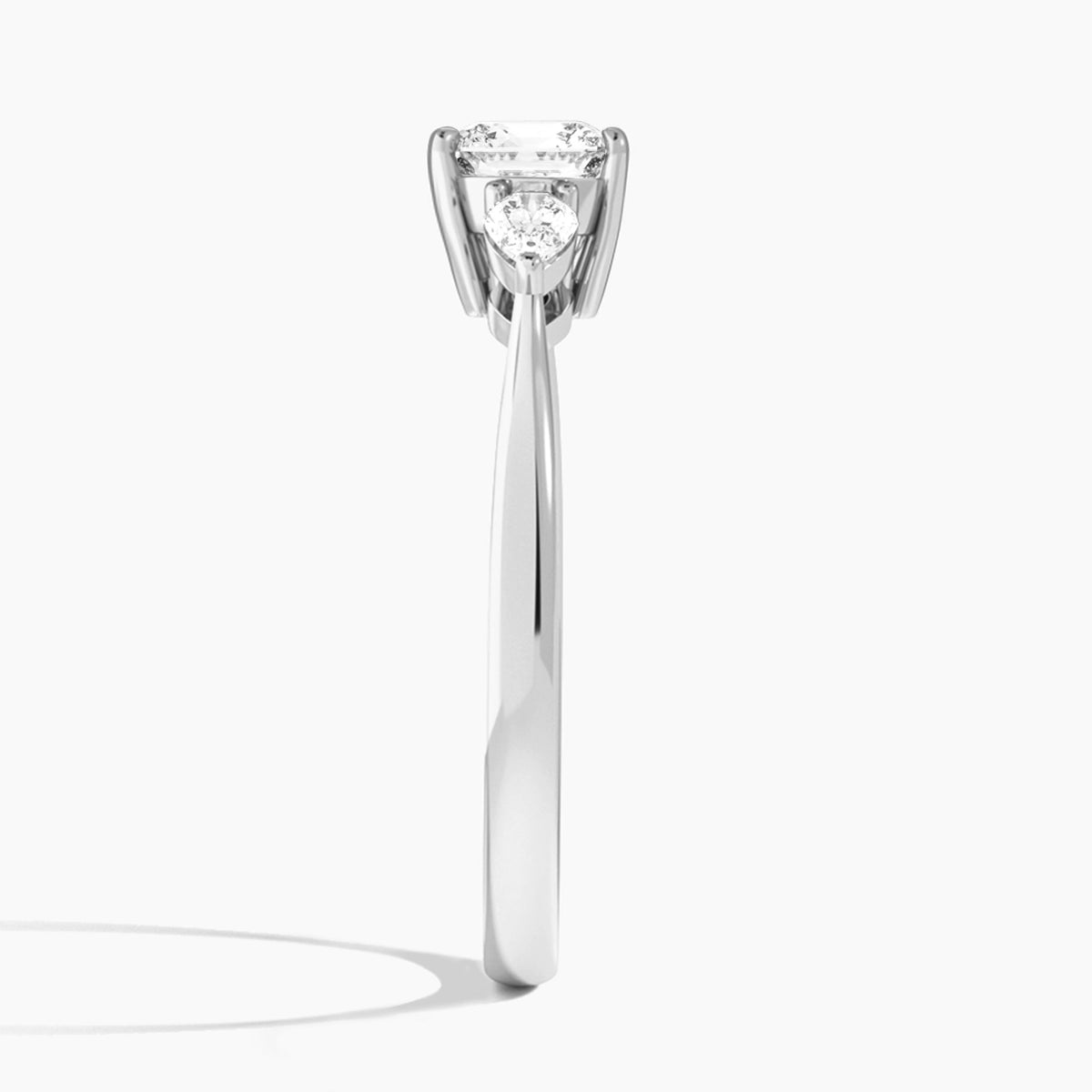 Cushion Petite Three Stone Lab Diamond Engagement Ring In 18K White Gold, Side View