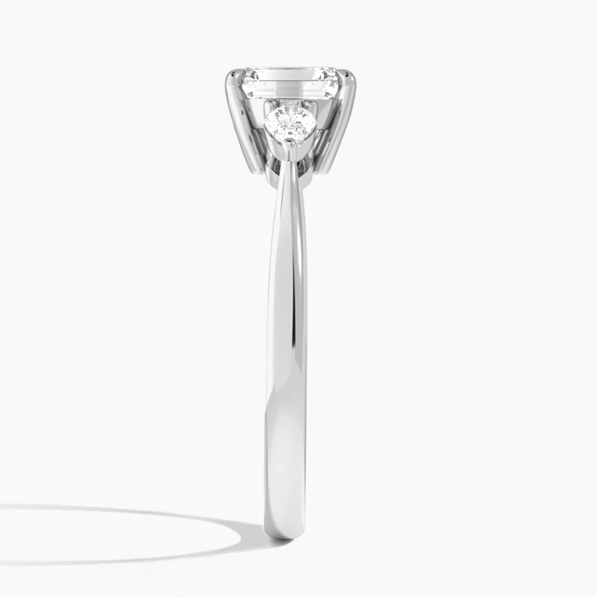 Emerald Petite Three Stone Lab Diamond Engagement Ring In 14K White Gold, Side View