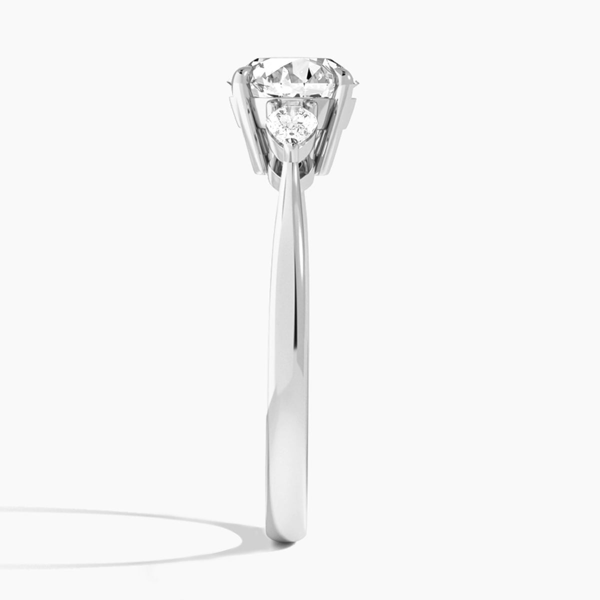 Round Petite Three Stone Lab Diamond Engagement Ring In 18K White Gold, Side View