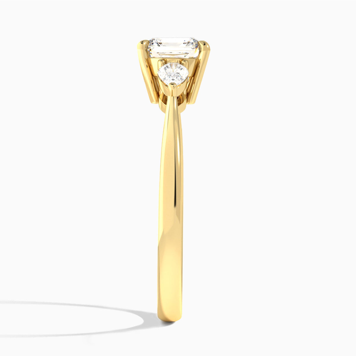 Asscher Petite Three Stone Lab Diamond Engagement Ring In 14K Yellow Gold, Side View