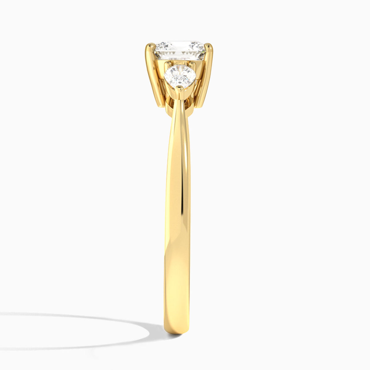 Cushion Petite Three Stone Lab Diamond Engagement Ring In 18K Yellow Gold, Side View