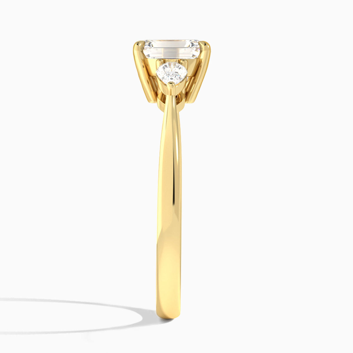 Emerald Petite Three Stone Lab Diamond Engagement Ring In 18K Yellow Gold, Side View