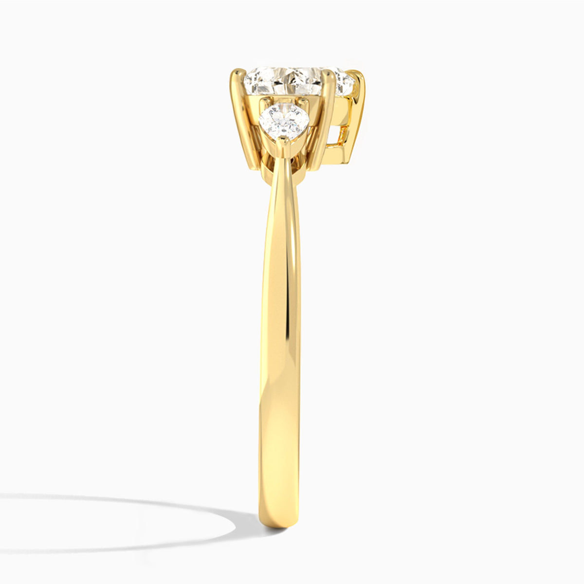 Heart Petite Three Stone Lab Diamond Engagement Ring In 18K Yellow Gold, Side View