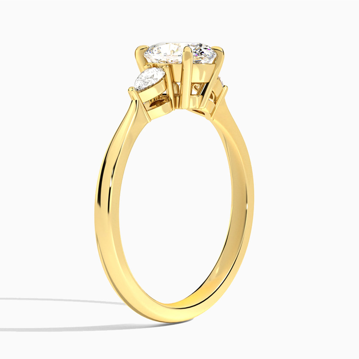Oval Petite Three Stone Lab Diamond Engagement Ring In 18K Yellow Gold, Angle View