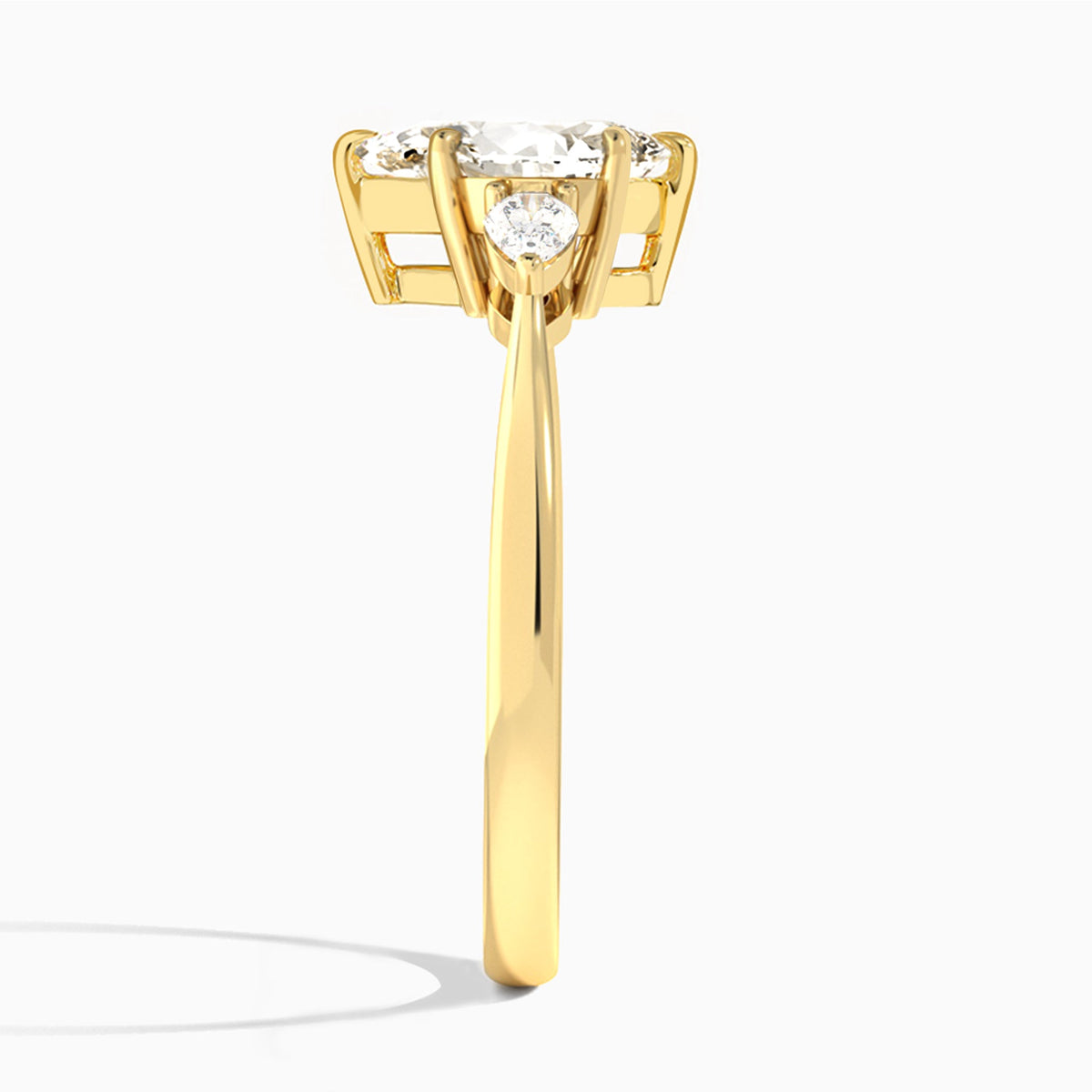 Pear Petite Three Stone Lab Diamond Engagement Ring In 18K Yellow Gold, Side View