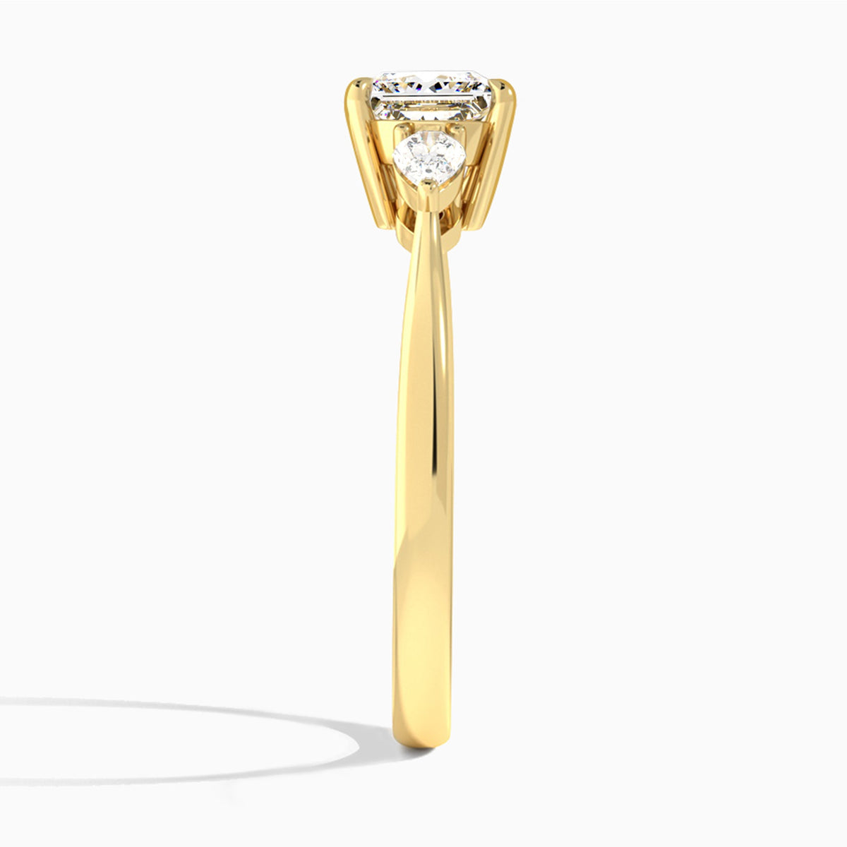 Princess Petite Three Stone Lab Diamond Engagement Ring In 18K Yellow Gold, Side View
