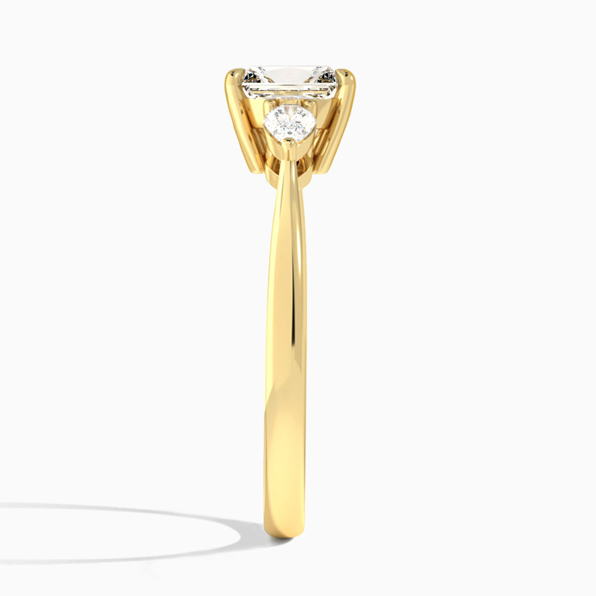 Radiant Petite Three Stone Lab Diamond Engagement Ring In 18K Yellow Gold, Side View