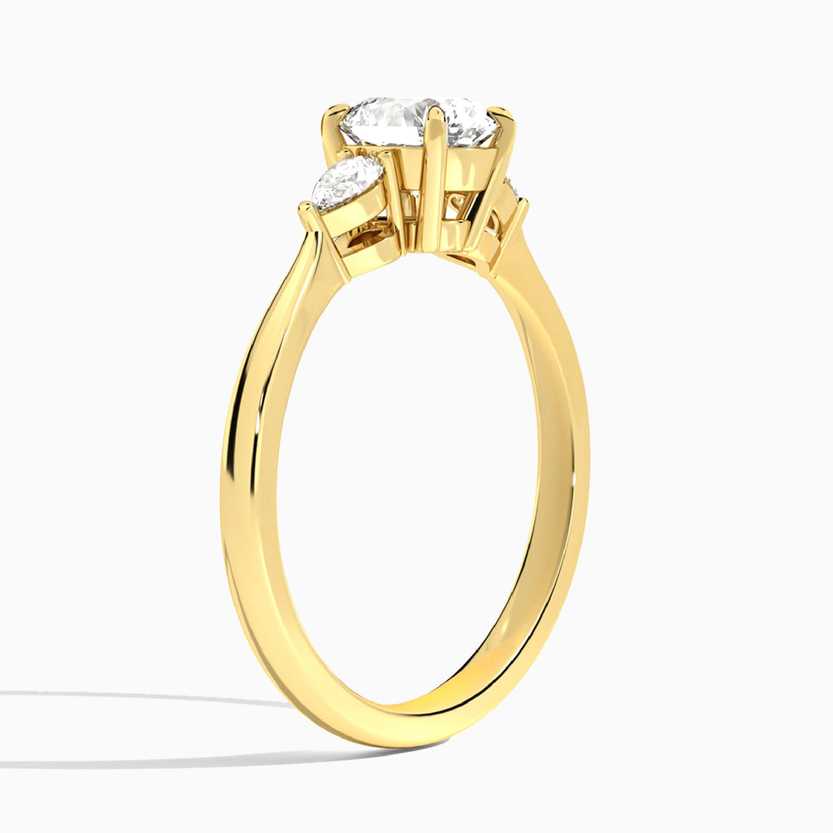 Round Petite Three Stone Lab Diamond Engagement Ring In 14K Yellow Gold, Angle View