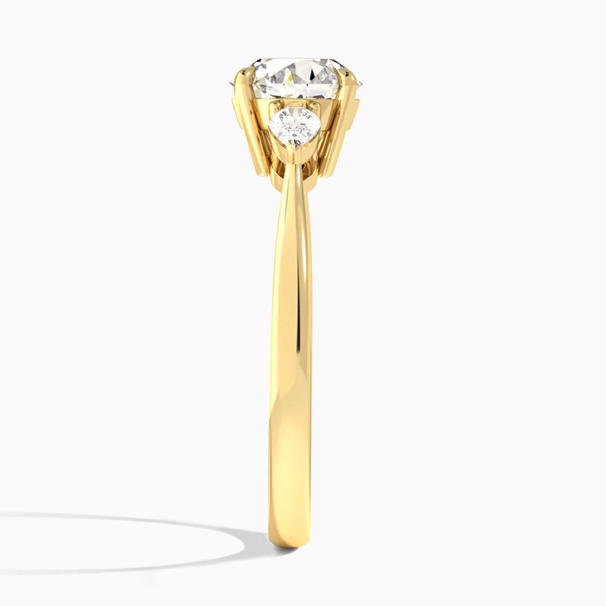 Round Petite Three Stone Lab Diamond Engagement Ring In 18K Yellow Gold, Side View