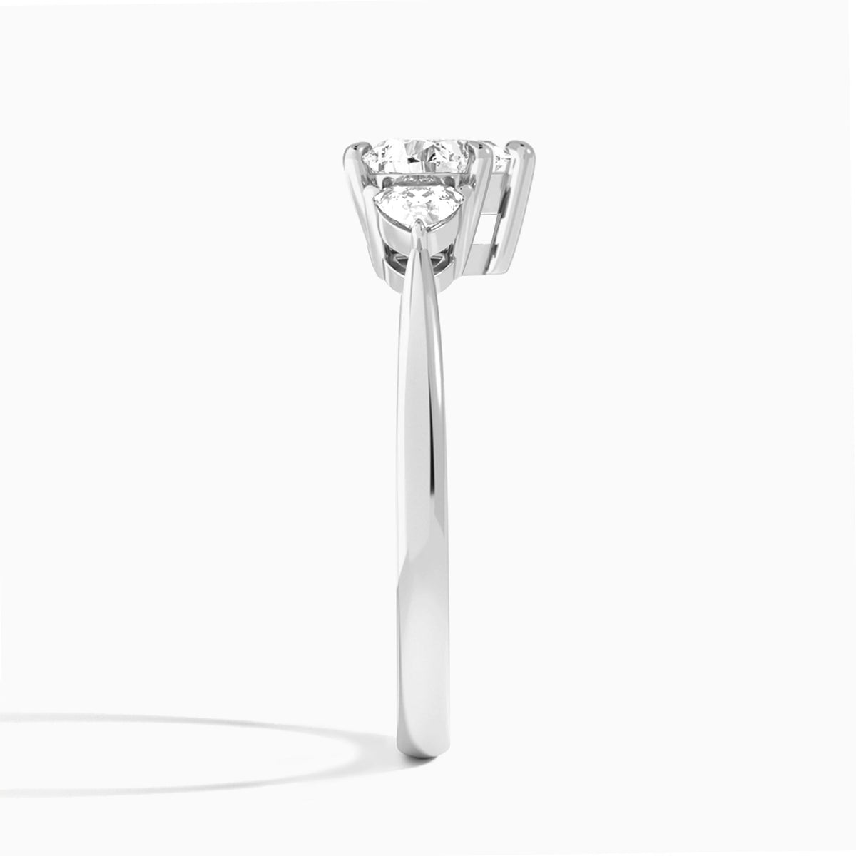 Heart Luxe Trillion Cut Three Stone Lab Diamond Engagement Ring In 14K White Gold, Side View
