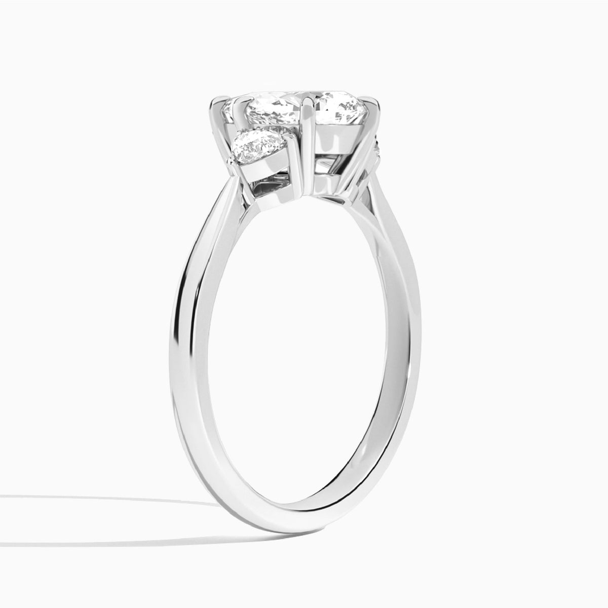 Pear Luxe Trillion Cut Three Stone Lab Diamond Engagement Ring In 18K White Gold, Angle View