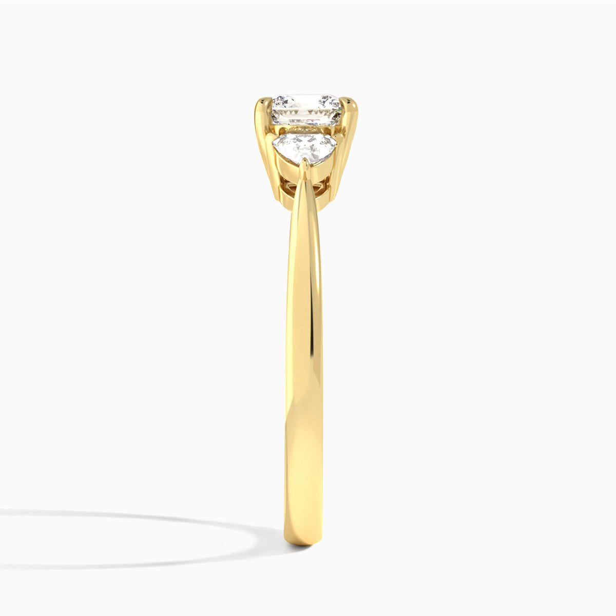 Cushion Luxe Trillion Cut Three Stone Lab Diamond Engagement Ring In 14K Yellow Gold, Side View