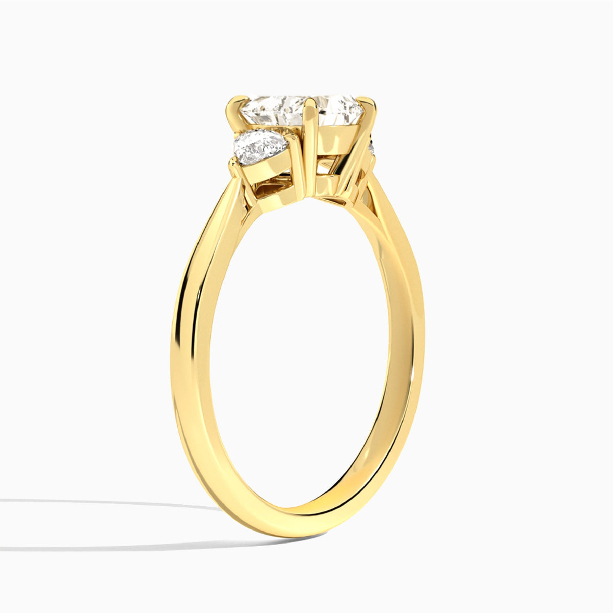 Heart Luxe Trillion Cut Three Stone Lab Diamond Engagement Ring In 14K Yellow Gold, Angle View