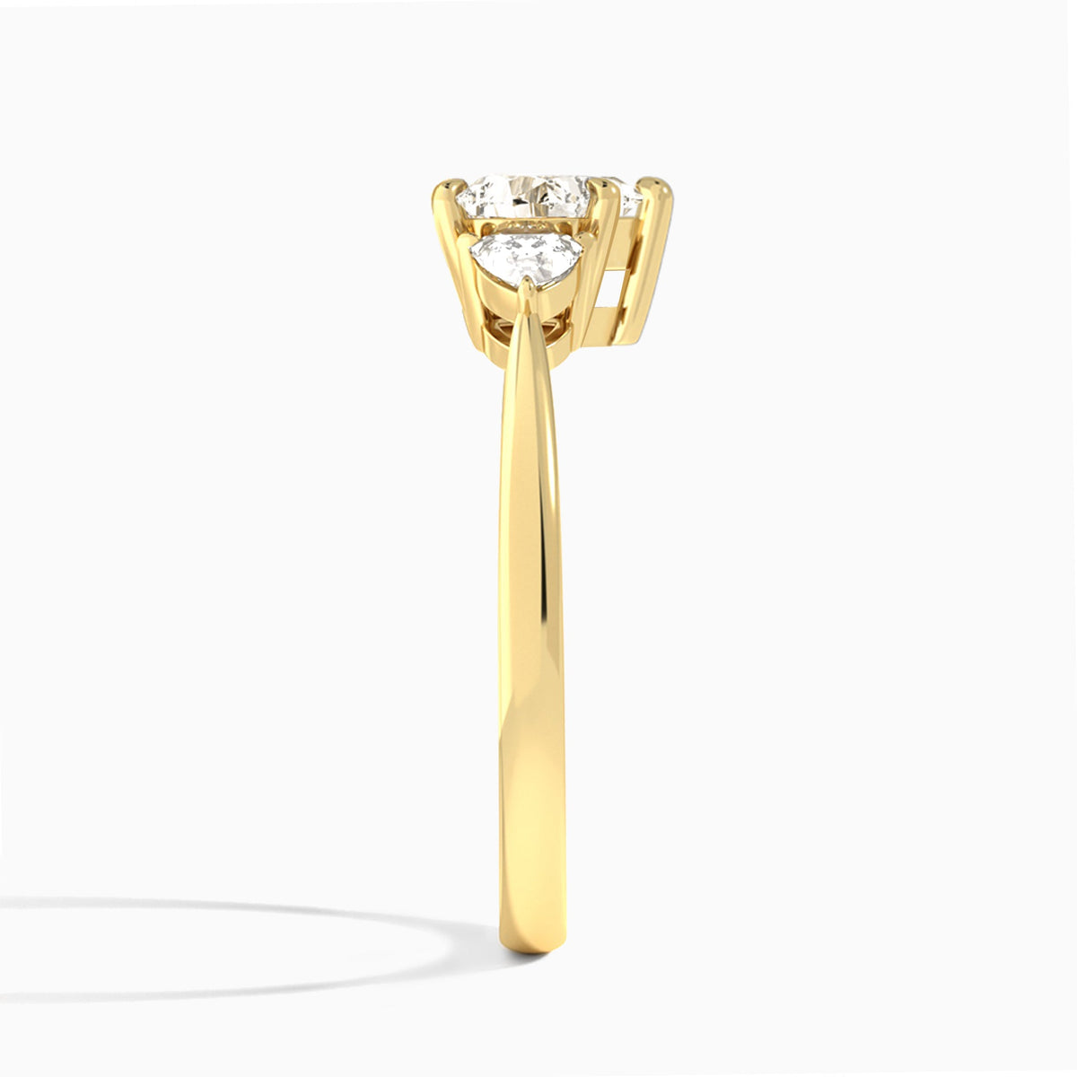 Heart Luxe Trillion Cut Three Stone Lab Diamond Engagement Ring In 18K Yellow Gold, Side View