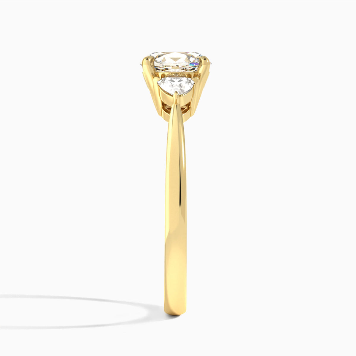 Oval Luxe Trillion Cut Three Stone Lab Diamond Engagement Ring In 18K Yellow Gold, Side View