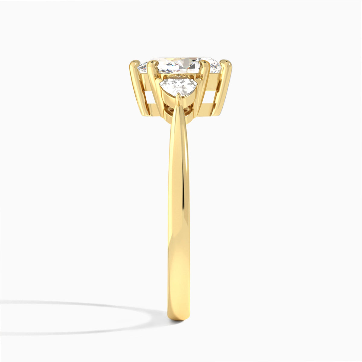 Pear Luxe Trillion Cut Three Stone Lab Diamond Engagement Ring In 14K Yellow Gold, Side View