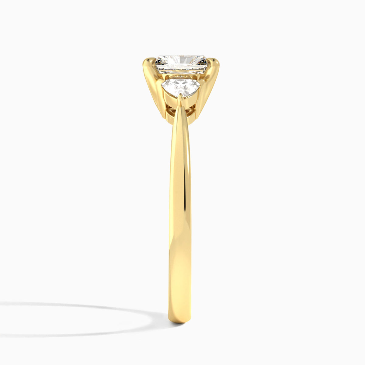 Radiant Luxe Trillion Cut Three Stone Lab Diamond Engagement Ring In 18K Yellow Gold, Side View